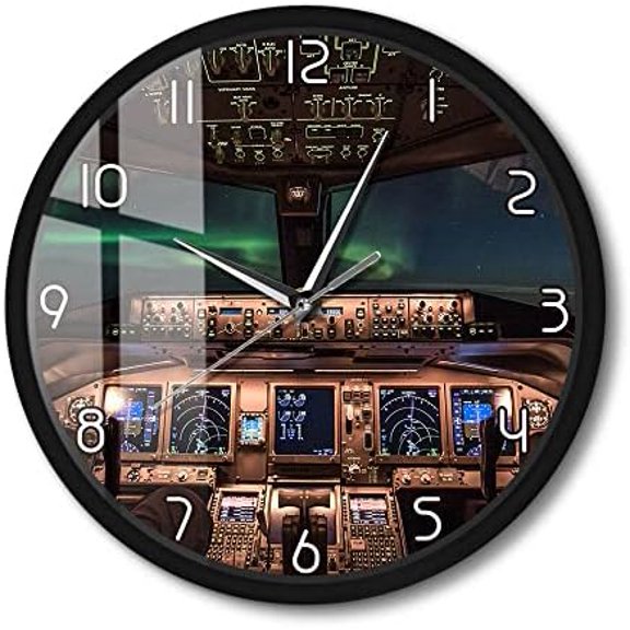 Boeing 747 Cockpit Night View Printed Wall Clock with Metal Frame, Silent Non-Ticking Battery Operated Black Aluminum Frame Watch for Pilot Aviator Living Room Bedroom Office Decor
