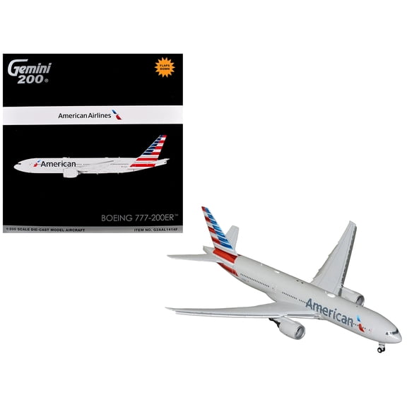 Boeing 777-200ER Commercial Aircraft with Flaps Down Silver with Striped Tail 1/200 Diecast Model Airplane by GeminiJets