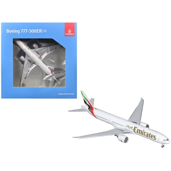 Boeing 777-300ER Commercial Aircraft with Flaps Down "Emirates Airlines" (A6-EQH) White Striped Tail 1/400 Diecast Model by GeminiJets