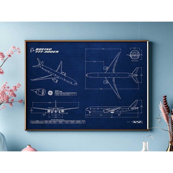 Boeing B Seven Seven Seven Three Hundred Er Blueprint Poster, Aviation Wall Art, Unframed Paper Poster 24x36in