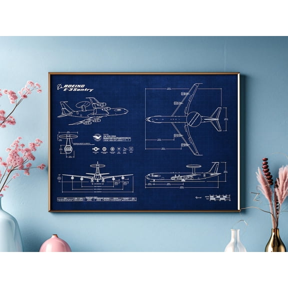 Boeing E Three Sentry Awacs Blueprint Poster, Aviation Wall Art, Unframed Paper Poster 8x10in