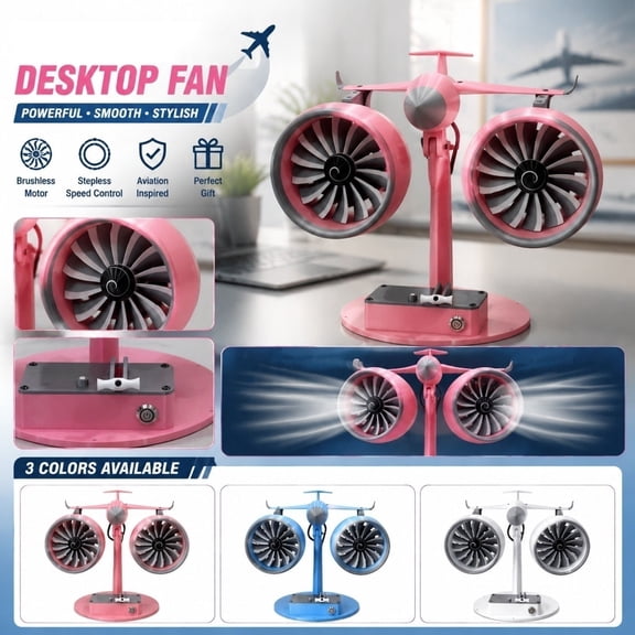 Boeing Inspired 3D-Printed Desk Fan, Desktop Air Circulator Fan, Dual Turbo Portable Desk Fan with Airplane Engine Design, Quiet Twin Head Table Fan for Office Bedroom (Blue)