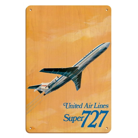 Boeing Super 727 Jet Airplane - United Airlines - Vintage Airline Travel Poster by C. Bail c.1969 - 8 x 12 inch Vintage Wood Art Sign