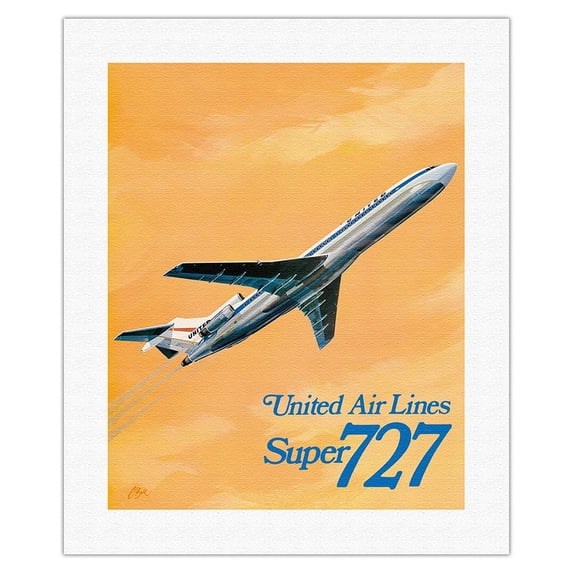 Boeing Super 727 Jet Airplane - United Airlines - Vintage Airline Travel Poster by C. Bail c.1969 - Fine Art Rolled Canvas Print 16in x 20in