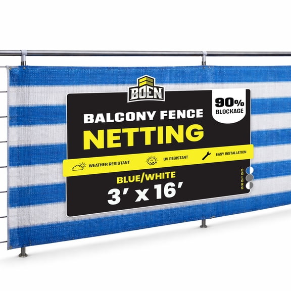 Boen 3' x 16' ft Balcony Privacy Screen, Fence Windscreen Cover UV Protection Weather-Resistant Mesh Cloth Shade Netting with Grommets for Patio, Backyard, Deck, Outdoor Porch, Railing - Blue & White
