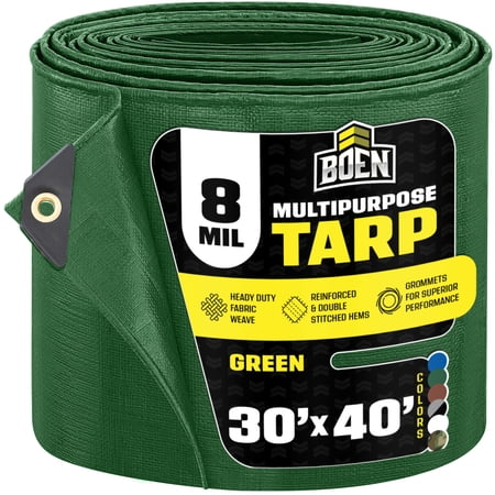 BOEN 30 x 40 ft 8 Mil Green Tarp, Medium Duty Waterproof Tarp