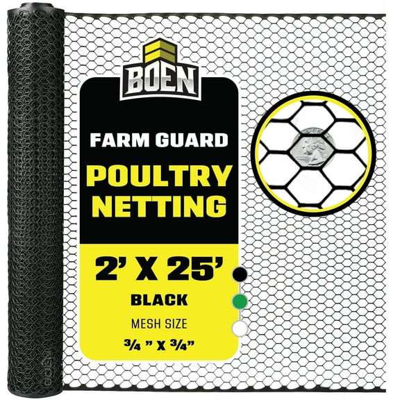 Boen - Plastic Hex Chicken Wire Mesh Temporary Fence Roll (2' x 25' - Black) - Plastic Fence Poultry Netting for Temporary or Semi Permanent Enclosures, Deer Netting Fence, Construction Fencing