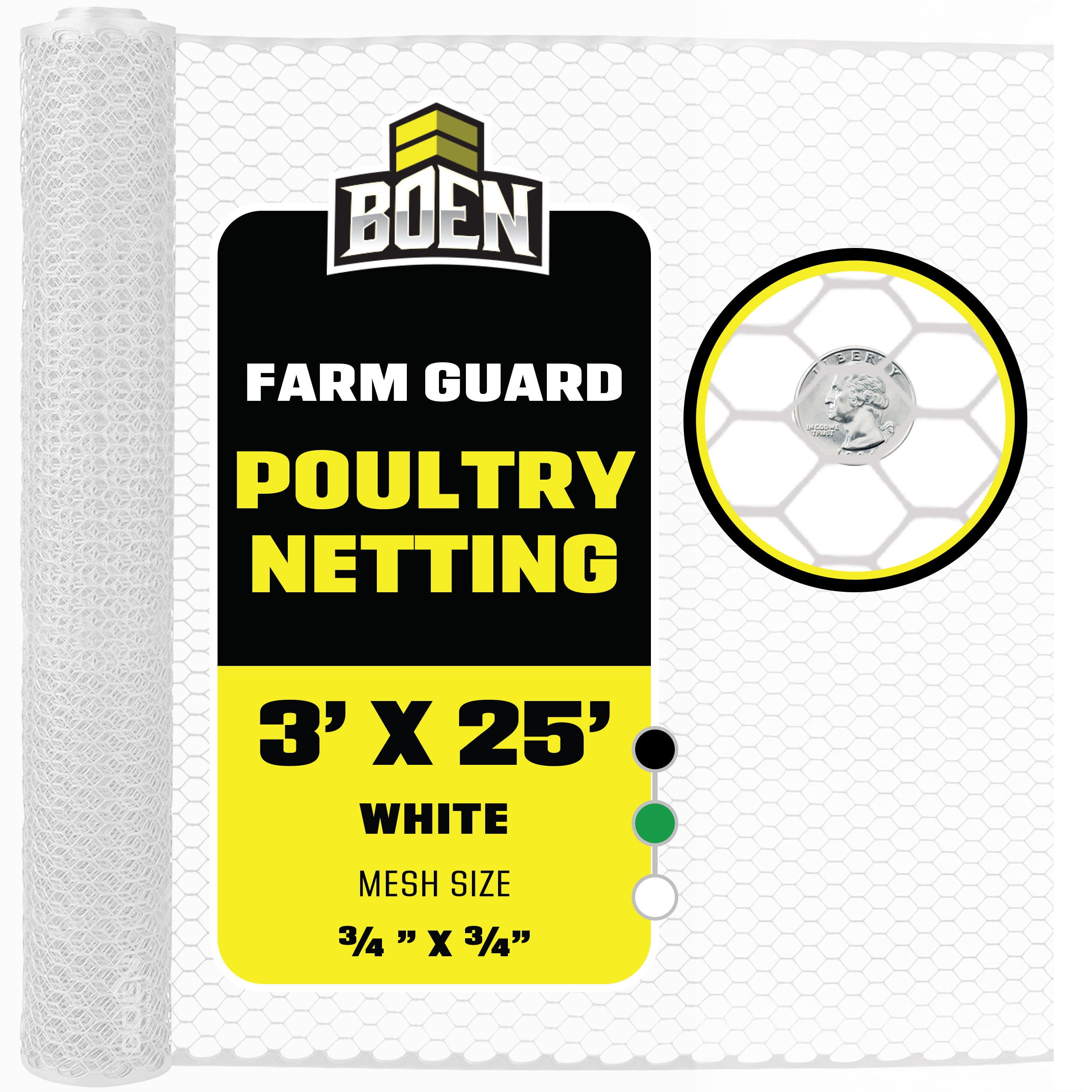 Boen - Plastic Hex Chicken Wire Mesh Temporary Fence Roll (3' x 25' - White) - Plastic Fence Poultry Netting for Temporary or Semi Permanent Enclosures, Deer Netting Fence, Construction Fencing