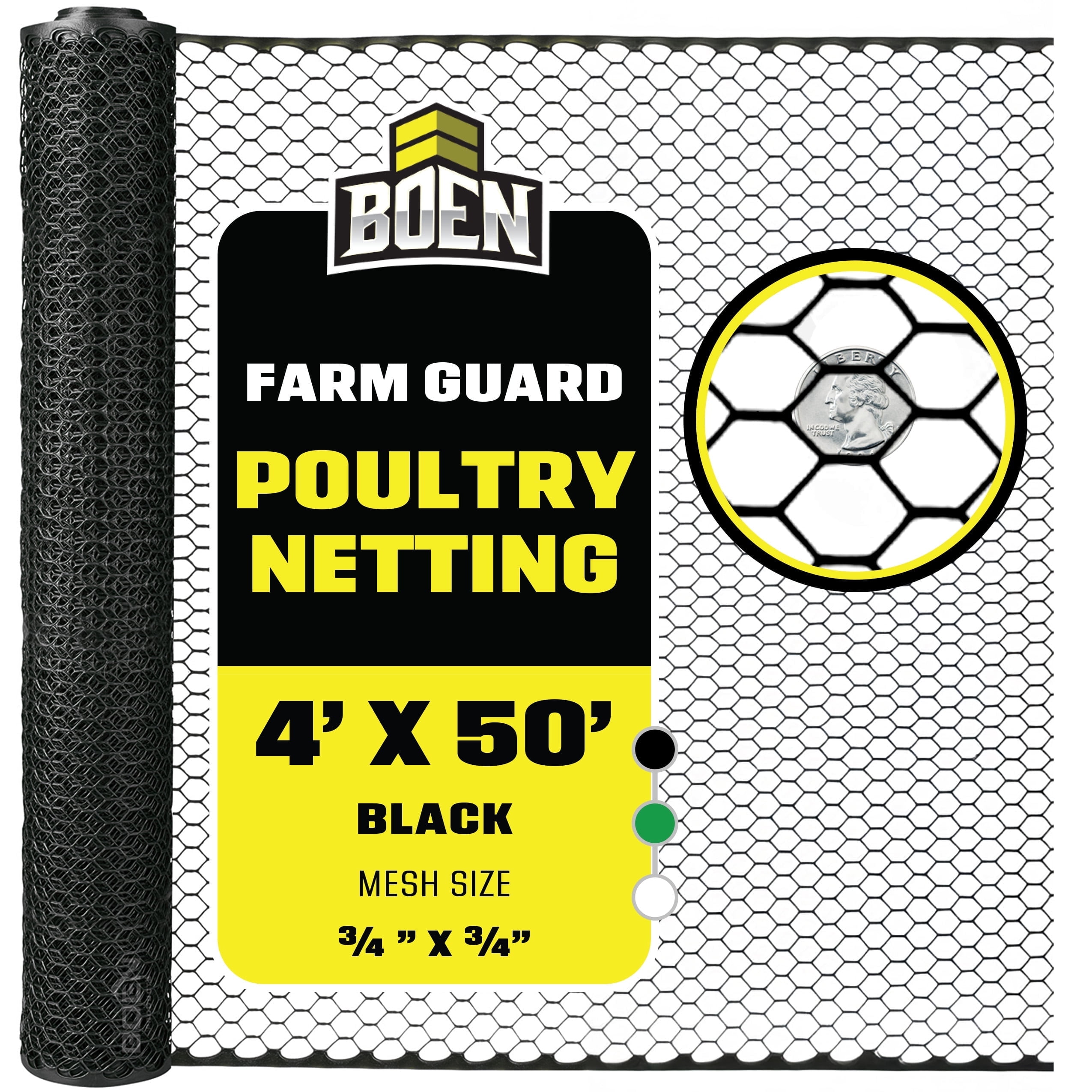 Boen - Plastic Hex Chicken Wire Mesh Temporary Fence Roll (4' x 50' - Black) - Plastic Fence Poultry Netting for Temporary or Semi Permanent Enclosures, Deer Netting Fence, Construction Fencing