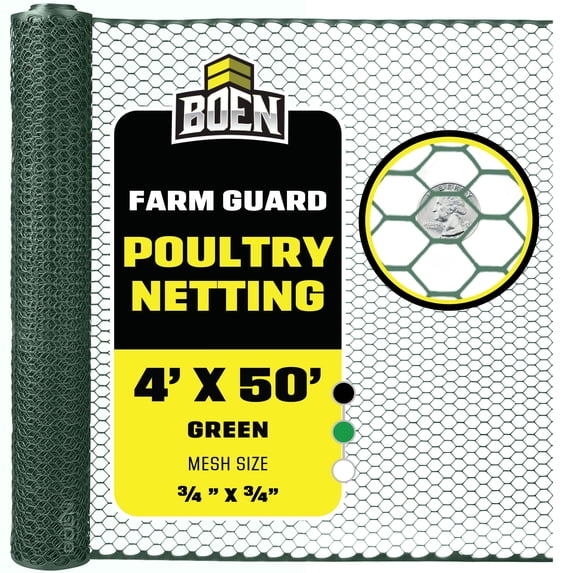 Boen - Plastic Hex Chicken Wire Mesh Temporary Fence Roll (4' x 50' - Green) - Plastic Fence Poultry Netting for Temporary or Semi Permanent Enclosures, Deer Netting Fence, Construction Fencing