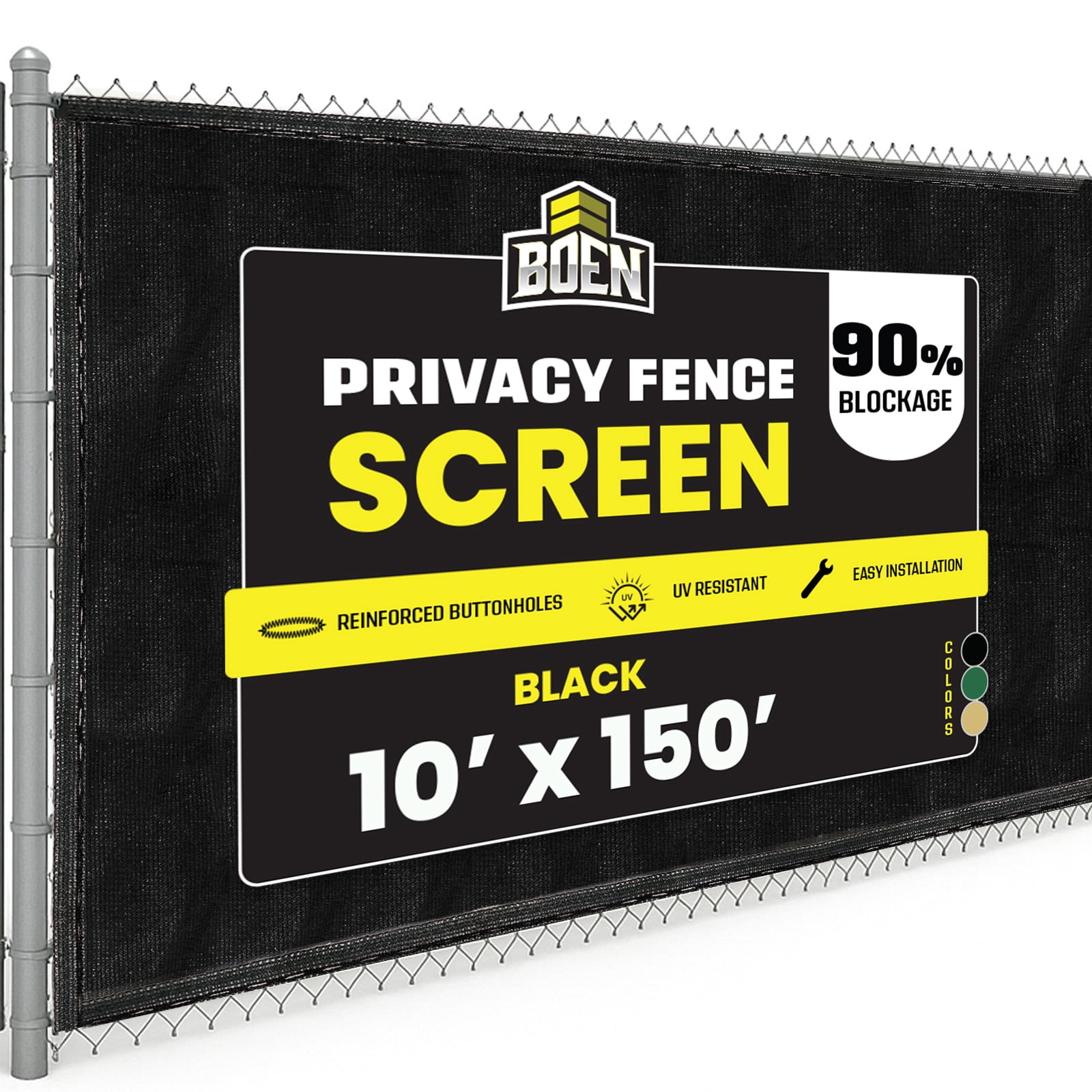 BOEN Privacy Fence Screen Netting, 10 ft x 150 ft, Black, Woven Eyelets, Construction Fence Screen