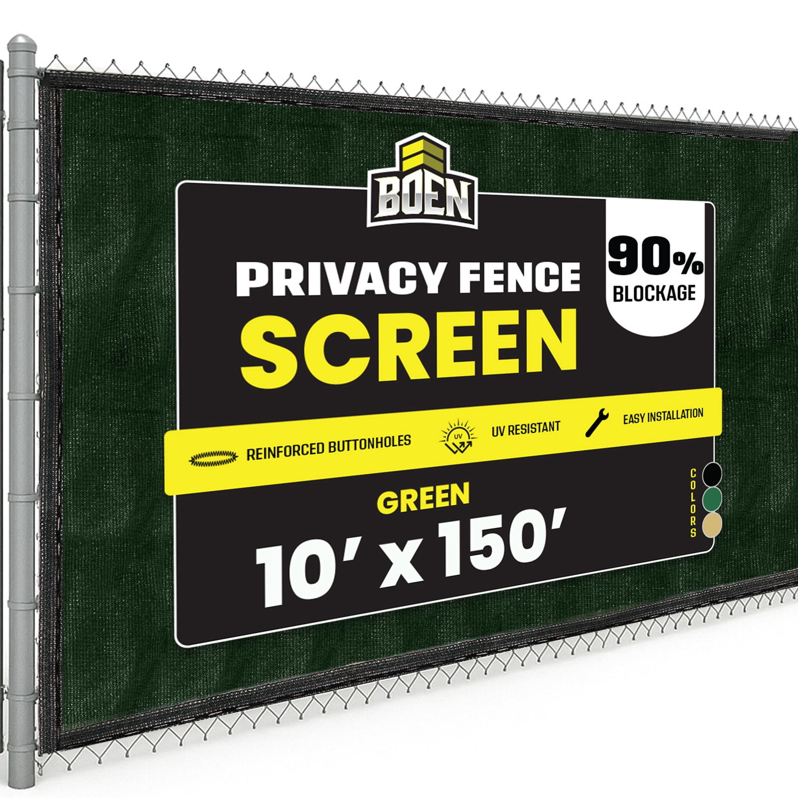 BOEN Privacy Fence Screen Netting, 10 ft x 150 ft, Green, Woven Eyelets, Construction Fence Screen