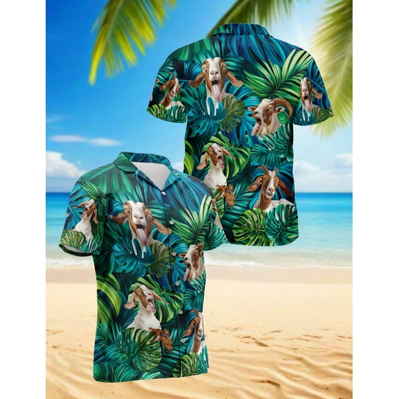 Boer Goats Hawaiian Shirt for Men, Button Down Summer Beach Short Sleeve, Tropical Style, Sizes S-5XL