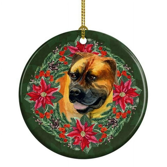 Boerboel Mastiff Poinsetta Wreath Ceramic Ornament 2.8 in x 2.8 in