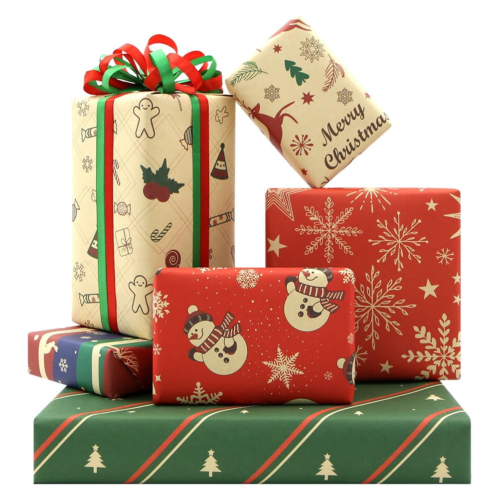 Boerni Kraft Christmas Wrapping Paper - 6 Designs, 20x28 Inch Sheets (6 Pack)