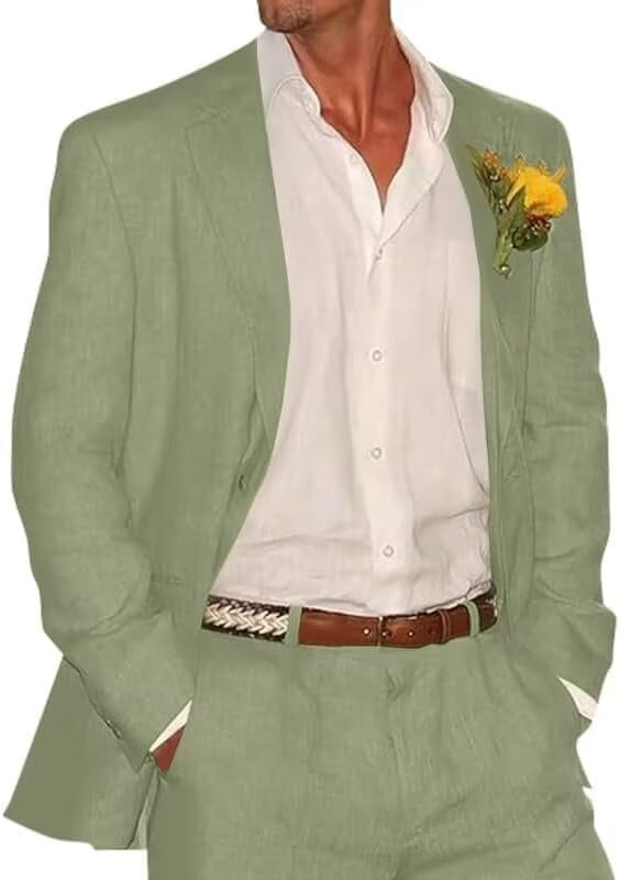 Men’s Cotton Linen Suit 2 Piece Set Slim Fit Single Breasted Blazer and Trousers
