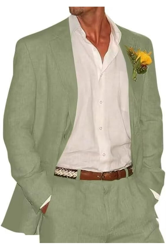 Bofan 2 Piece Linen Suits for Men Slim Fit Casual Beach Wedding Summer Grooms Groomsmen Linen Blazer Pants Suit
