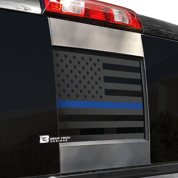 Bogar Tech Designs Precut Rear Middle Window American Flag Vinyl Decal Compatible with GMC Sierra and Chevy Silverado 2014-2018, Thin Blue Line