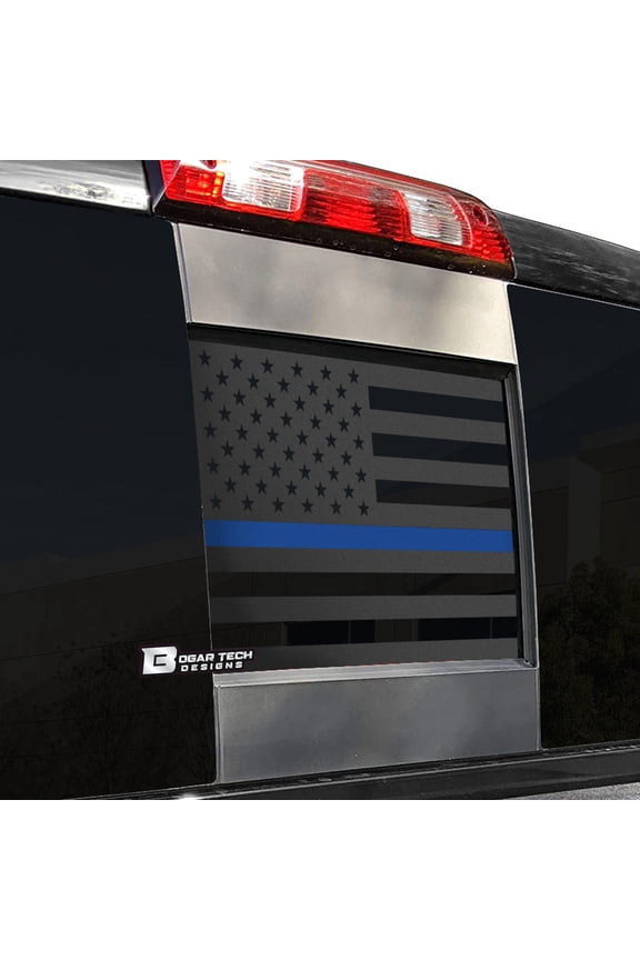 Precut Rear Middle Window American Flag Vinyl Decal Compatible with GMC Sierra and Chevy Silverado 2014-2018, Thin Blue Line