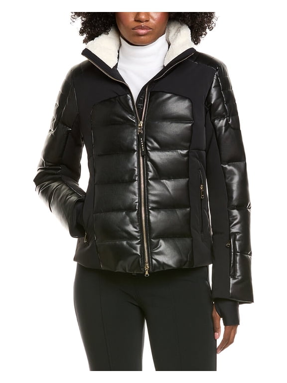 womens Ilana Leather Down Coat, 12, Black
