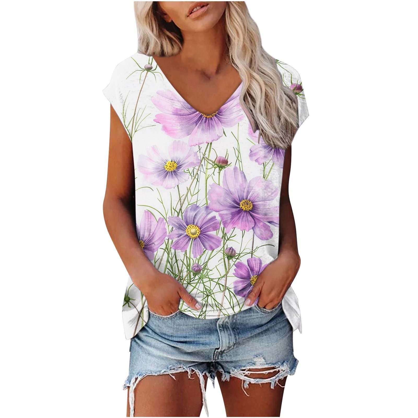 OFEEFAN Women's Cold Shoulder V-Neck Top - Summer Short Sleeve Tee For Casual & Dressy Outfits - View #2