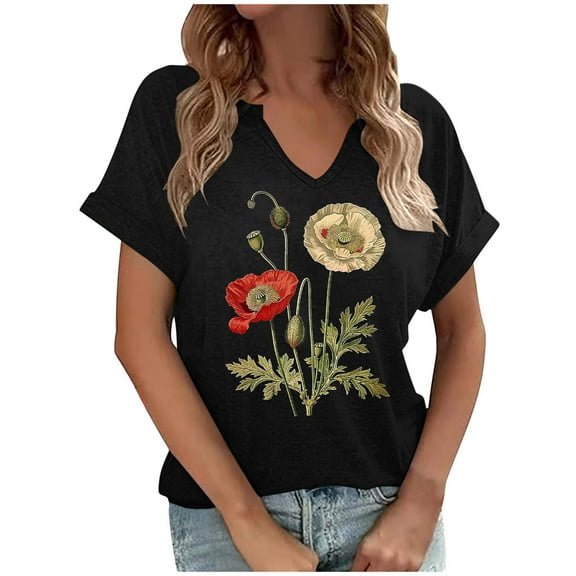 Bogo Cute Vacation Tops For Women Womens Tops Short Sleeve Loose Fit 1X Casual Blouses For Women Trendy Deep V Neck T Shirts For Women Loose