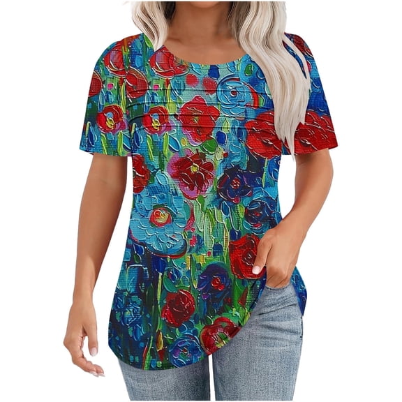 Floral Print Blouses for Women Cute Summer Tops for Vacation Graphic T Shirts Womens 2026 Trendy Blouses Dressy Casual Petite