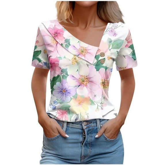 Bogo Trendy Summer Tops For Women 2025 Womens Tops Short Sleeve Loose Fit Womens Blouses For Work Professional Plus Size T Shirts For Women V Neck Cotton