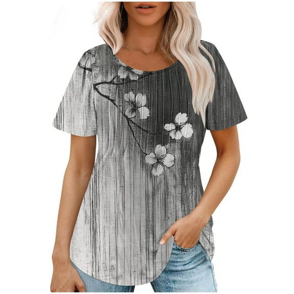 Bogo Women Floral Printed Round Neck Short Sleeves Top Summer Tops For Women 2025 Vacation Sexy Cute T Shirts For Women Plus Size Womens Blouses Short Sleeve Petite