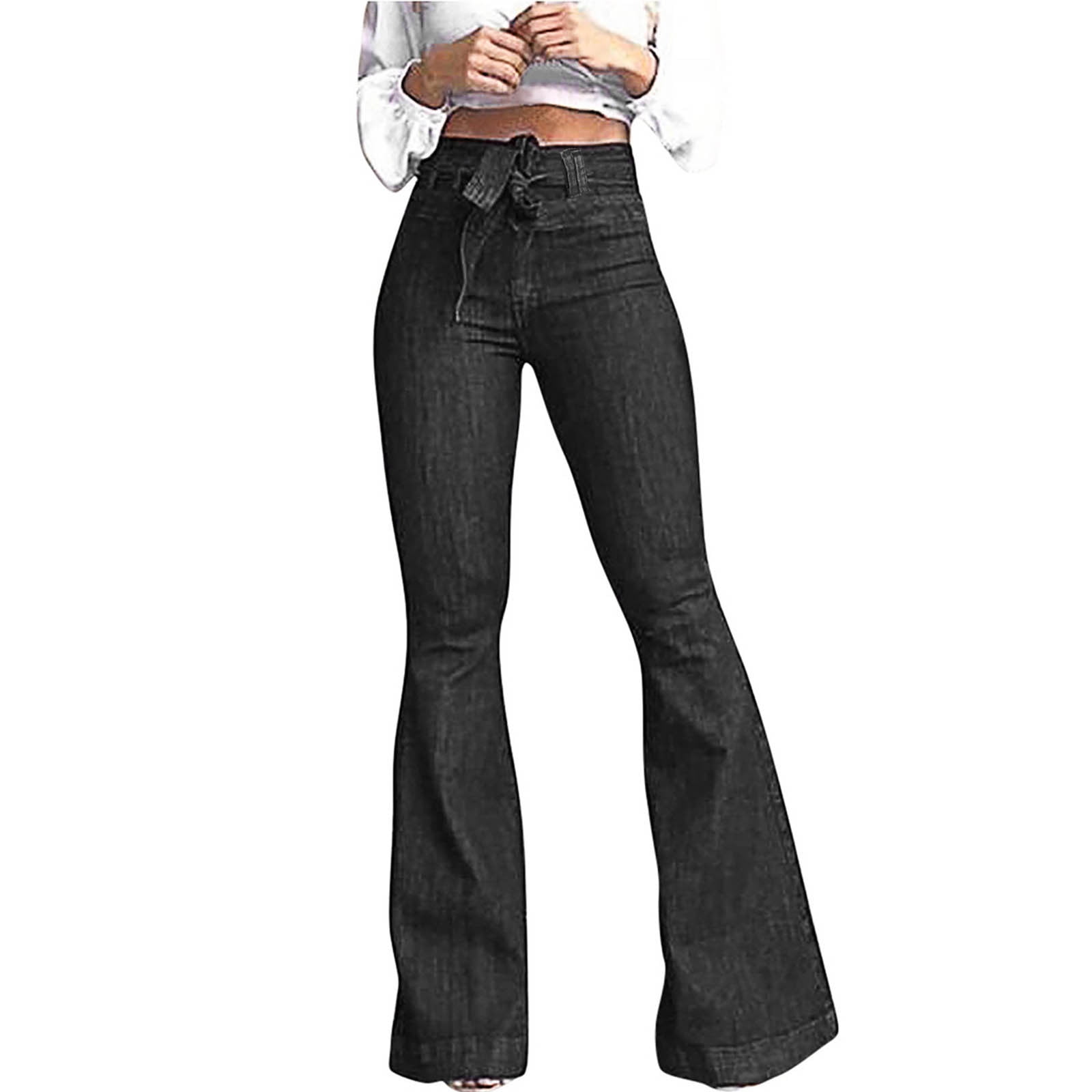 DvaeMalligo Women's Black High Waisted Bell Bottom Jeans - Stretchy Ripped Flare Denim Pants, X-Large
