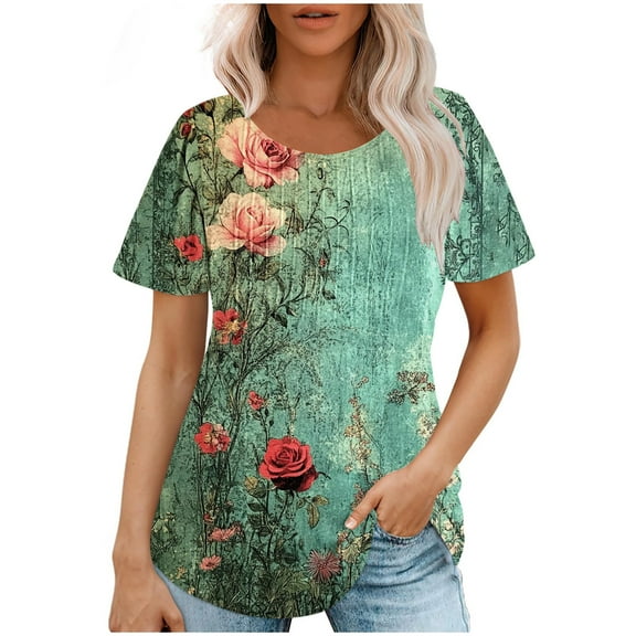 Womens Casual Boho Floral Print V Neck Womens Summer Tops Trendy 2026 T Shirts For Women Loose Fit V Neck Blouses For Women Business Casual