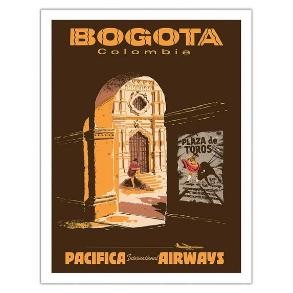 Bogotá Colombia - Plaza de Toros - Bullfighting Bullring - Pacifica International Airways - Vintage Airline Travel Poster c.1957 - Fine Art Matte Paper Print (Unframed) 20x26in