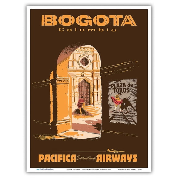 Bogotá Colombia - Plaza de Toros - Bullfighting Bullring - Pacifica International Airways - Vintage Airline Travel Poster c.1957 - Master Art Print (Unframed) 9in x 12in