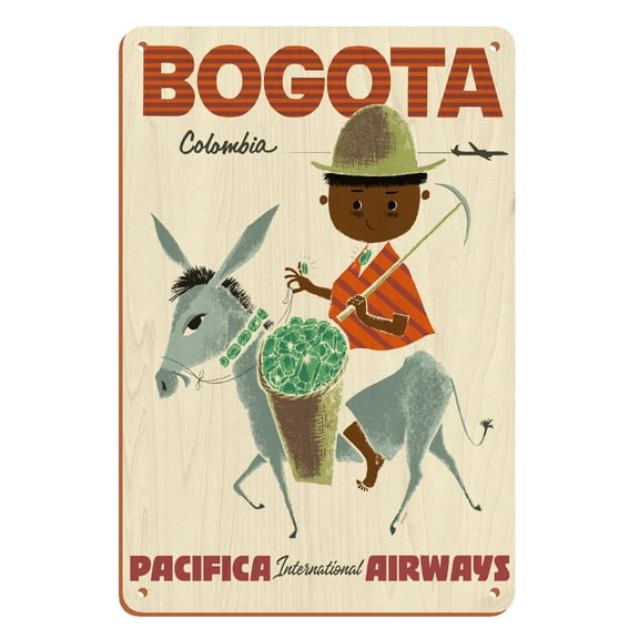 Bogota Colombia - Pacifica International Airways - Andes Boy with Colombian Emeralds - Vintage Airline Travel Poster by Sokoloff c.1950s - 8 x 12 inch Vintage Wood Art Sign