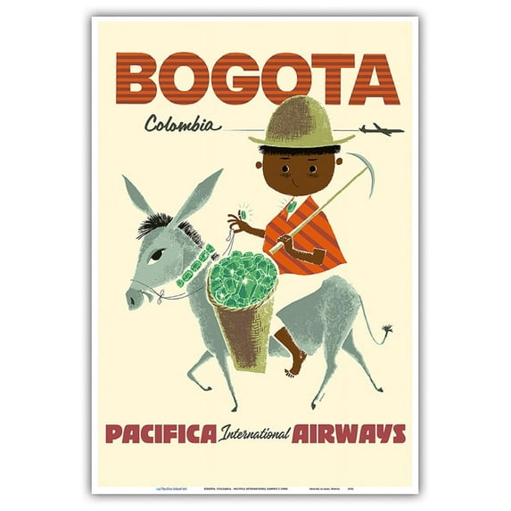 Bogota Colombia - Pacifica International Airways - Andes Boy with Colombian Emeralds - Vintage Airline Travel Poster by Sokoloff c.1950s - Master Art Print (Unframed) 13in x 19in