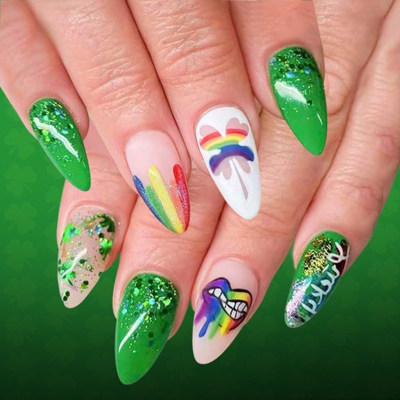 Bogrsely 24Pcs Festive Green Glitters Shamrock Press On Nail Rainbows Clovers Celebrations