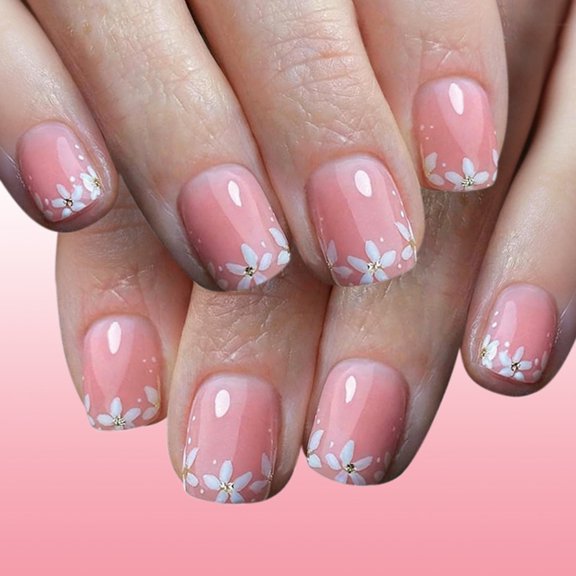 Bogrsely 24Pcs Short Square Fake Nail With Glitters Flower Design False Nail For Women