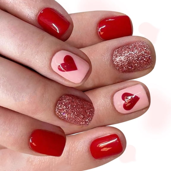 Bogrsely 24Pcs Valentines Glitters Heart Square Fake Nail Red Short Manicure Set