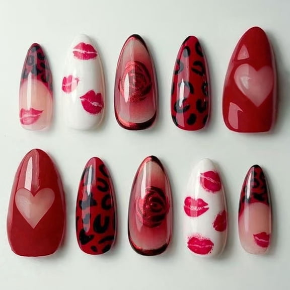Bogrsely 30Pieces Long Wearing Fake Nail Red Lips Heart Rose Leopard Print ABS Build