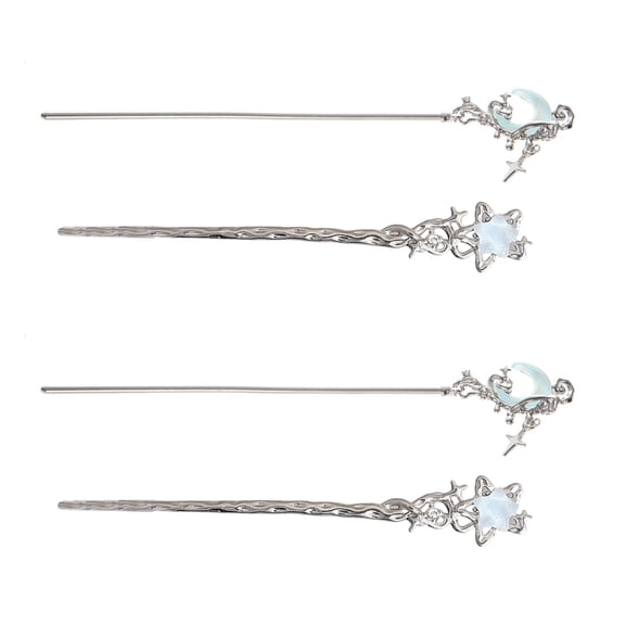 Bogrsely 4PCS Silver Hair Bun Sticks For Long Hair Ancient Metal Hairpins With Moonstone Decoration Chinese Costume Hairpin