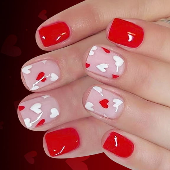 Bogrsely Cute Heart Shape Artificial Nail 24pcs Glossy Square Tips For Valentiness Day Parties And Dates
