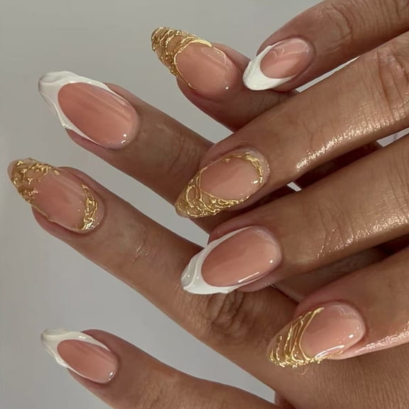 Bogrsely Professional French False Nail 24PCS 3D Glitters Design Gold Foil Accent Long Last Artificial Nail Easy Application