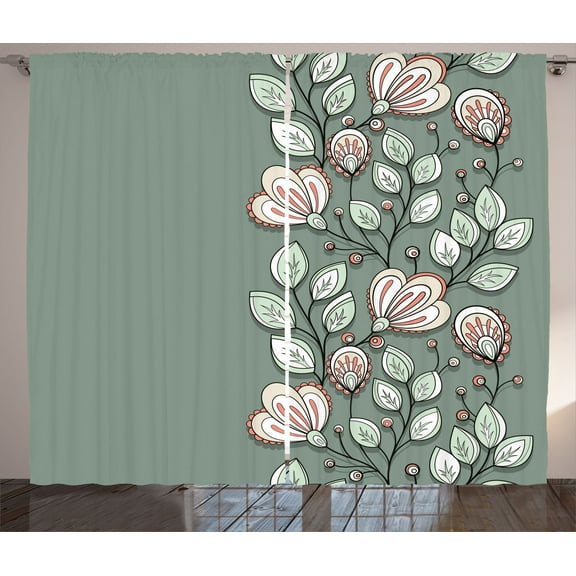 Ambesonne Bohem Curtains 2 Panel Set, Flowers and Leaves Graphic, 108" x 90", Green Reseda Green