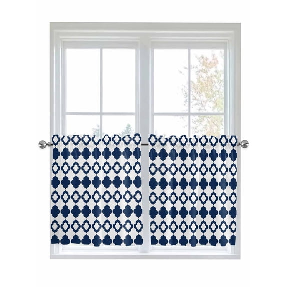 Bohemia 2 Panel Kitchen Curtains for Small Windows, Minimalist Geometric Pattern Abstract Dark Blue Bathroom Tier Curtain, Short Window Treatment for Bedroom/Living Room 55"x24"