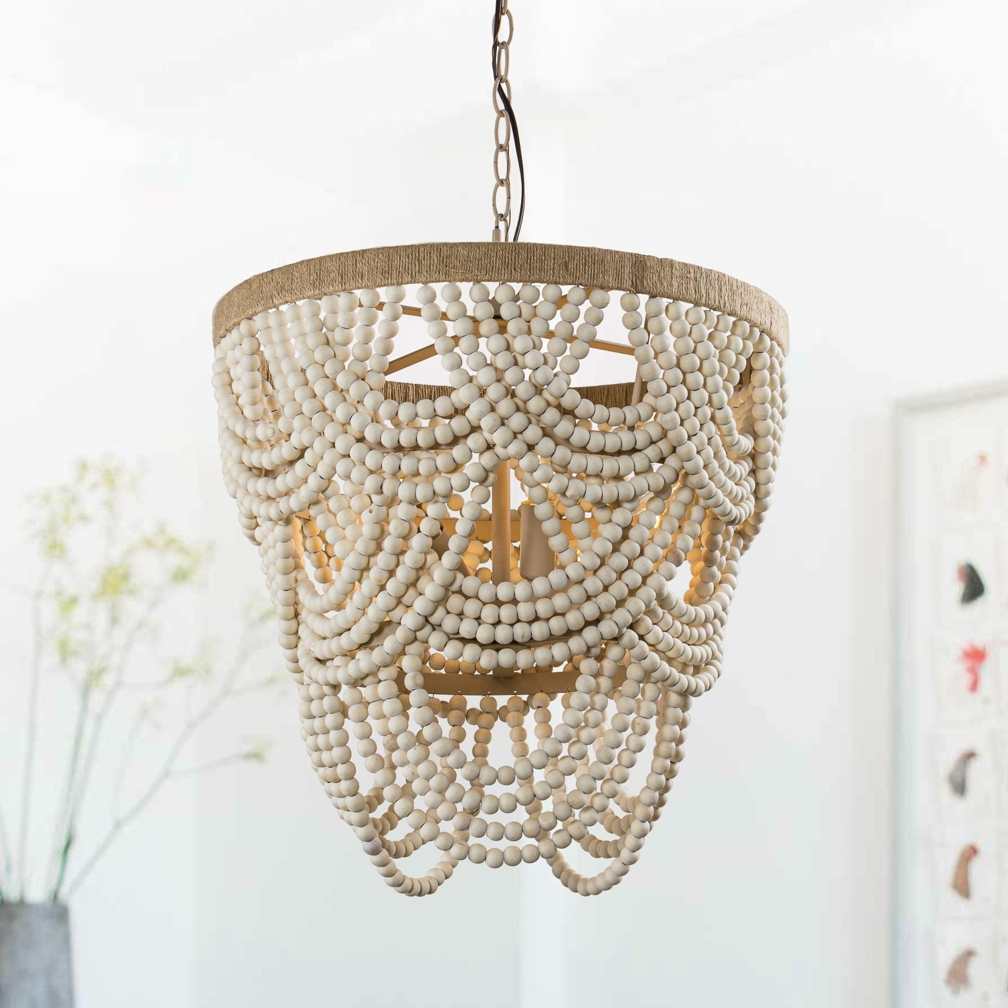 Off-White Distressed Wood Beaded Pendant Chandelier, 19.7"