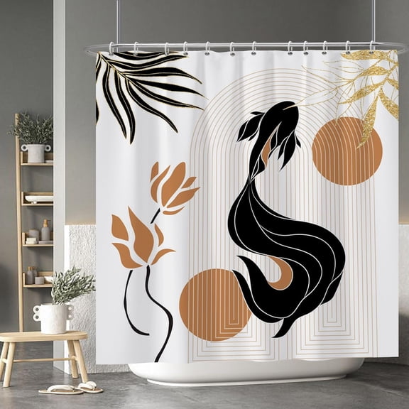Bohemia Abstract Goldfish Shower Curtain Leaves Lotus Shower Curtain for Bathroom Art Home Hotel Hostel Bathtub Cubicle Decor Waterproof Curtain for Bathroom with Hooks 72x72 Inches