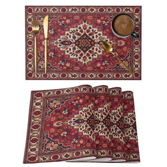 Bohemia Abstract Plant Placemats Set&nbsp;of 1 Vintage Red Black Retro National Medieval Trible Heat Insulation Washable Place Mats, Non-Slip Table Mats for Dining Table Party Kitchen,13x19 Inch