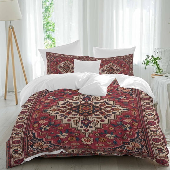 Bohemia Abstract Plant Twin Size Comforter Set, Vintage Red Retro National Medieval Trible Bedding for All Seasons, 4 Pcs Bed Set, 1 Quiltcover (68"x86") ,1Sheet(67"x116"), 2Pillowcases (30"x20")
