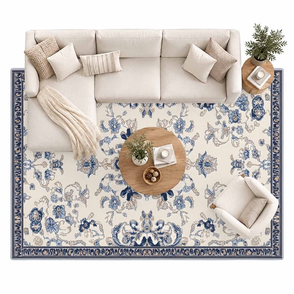 Bohemia Area Rug 8'x10', Blue Retro Boho Farmhouse Flower Pattern Large ...