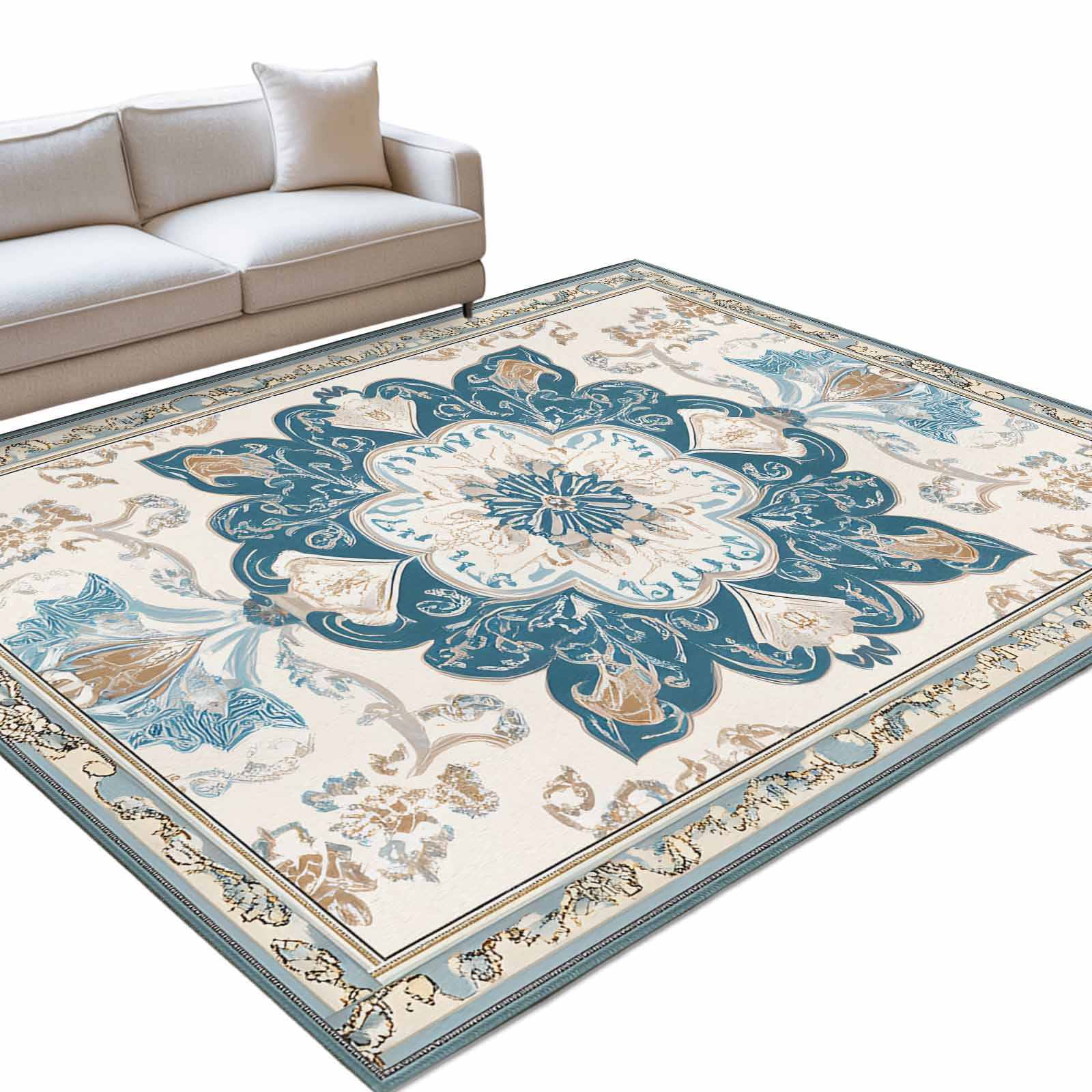 Bohemia Area Rug, Retro Boho Ethnic Farmhouse Blue Flower Pattern Non ...